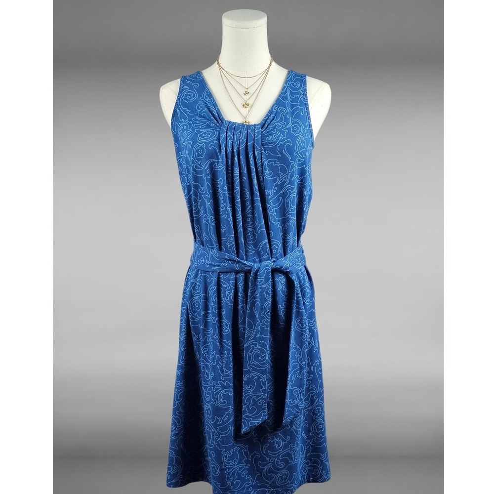 Cottagecore Coastal Floral Knit Knee Length Dress Blue‎ Sleeveless Womens XS